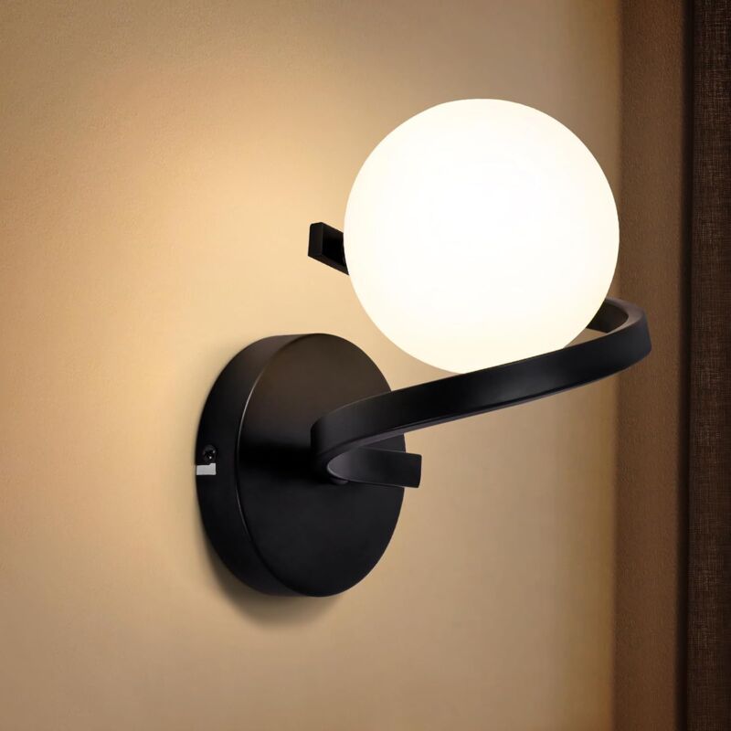 Gbly - Applique murale à 1 flamme - Lampe murale intérieure moderne en métal noir pour couloir ou chambre avec abat-jour en boule de verre blanc G9