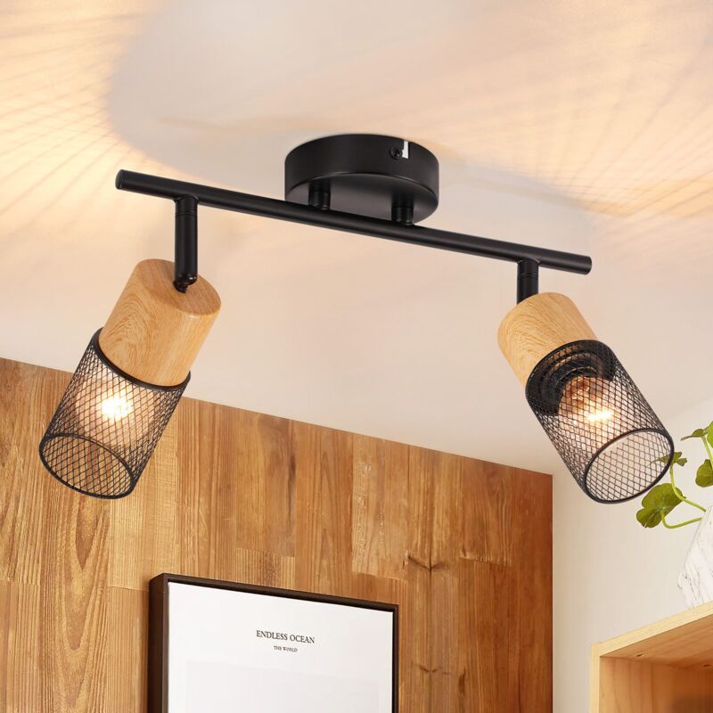 Image of Plafoniera Gbly Faretto da soffitto 2 lampadine: plafoniera vintage faretti in legno faretti da soffitto orientabili a 350° E14 faretto da parete