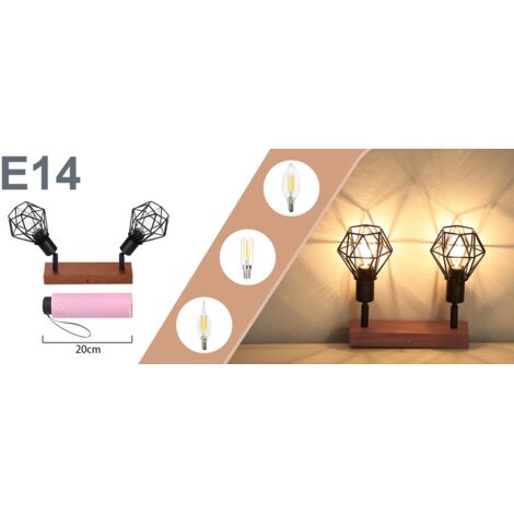 GBLY Faretto da soffitto 20×9×17cm, 350° base ruotabile 2 prese, E14 MAX.25W faretto da soffitto in legno e metallo Per soggiorno camera da letto sala da pranzo Bar Café Nero, senza lampadina