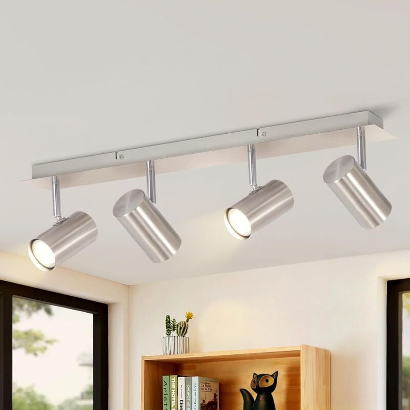 Image of Faretto da soffitto led con 4 lampade GU10 - Faretto da soffitto in nichel orientabile a 330°, moderna lampada da soffitto per interni, senza