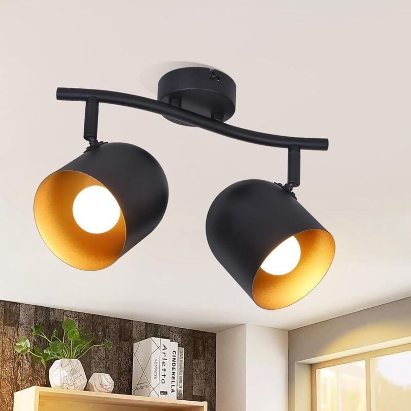 Image of Faretto da soffitto plafoniera vintage a 2 luci: E14 faretti retrò lampada da soffitto cucina in nero oro faretto industriale faretti da soffitto