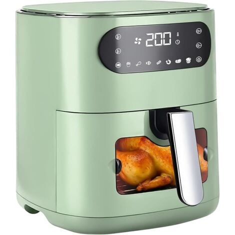 GBLY Friggitrice Ad Aria Calda 6L Cestino Singolo Finestra Visiva 7 Programmi 11 Funzioni Silenziosa Facile Da Pulire Timer Touchscreen 10 x Carta Da Forno Cucina Famigliare Verde