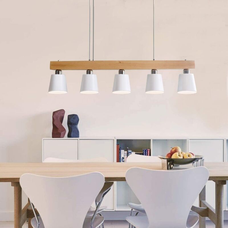 Image of Gbly - Lampada a sospensione bianca - Lampada a sospensione moderna in legno E27 Cucina 5 lampadine Lampada a sospensione per sala da pranzo per