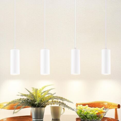 GBLY Lampada a sospensione in legno a 4 luci per tavolo da pranzo - Lampada a sospensione moderna regolabile in altezza in metallo bianco opaco GU10 LED per sala da pranzo interna cucina MAX.25W.