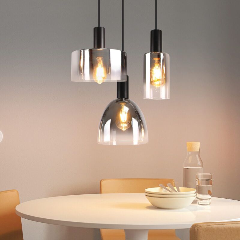 Image of GBLY Lampada a sospensione per soggiorno, 3 luci, E27, lampada da pranzo vintage, altezza regolabile, vetro grigio fumo per camera da letto e