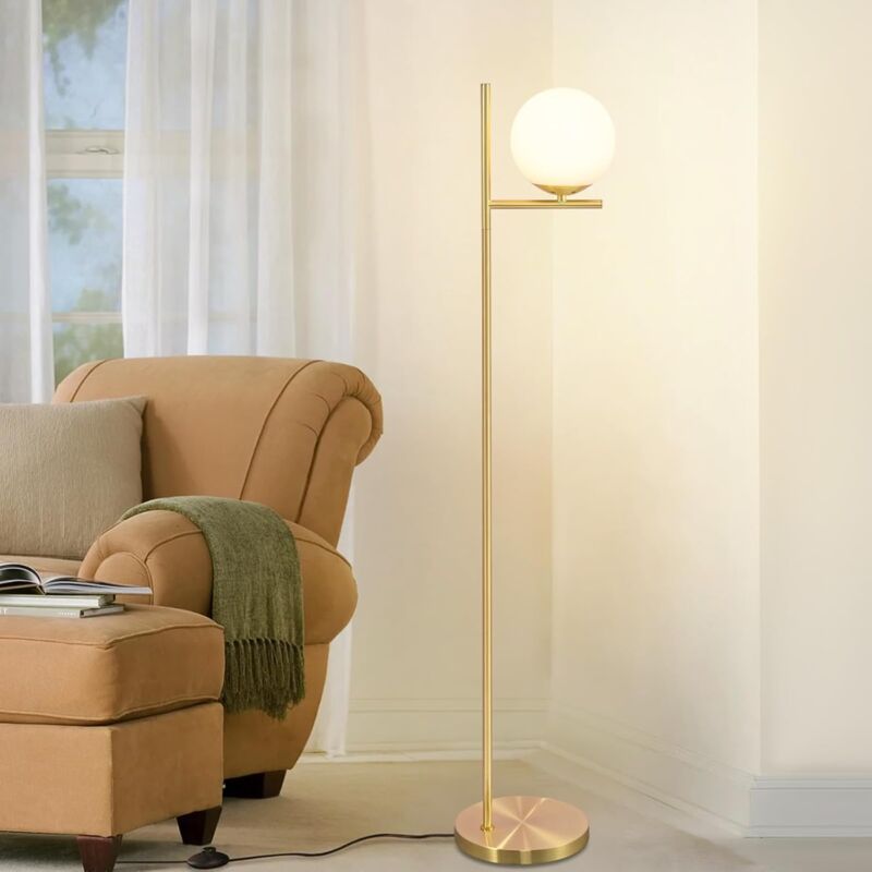 Lampadaire Moderne, Lampadaire industriel doré avec interrupteur à pied Métal Design en verre blanc Lampe de sol E27 Vintage Câble 2M pour chambre à