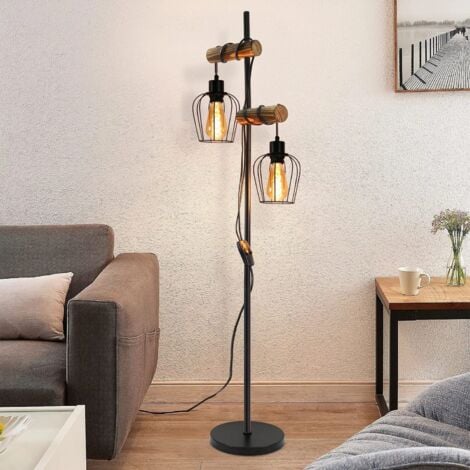 GBLY lampadaire vintage salon ，en bois à 2 flammes au design industriel en métal et bois - avec interrupteur - noir - douille : E27 - hauteur : 151cm - sans ampoule