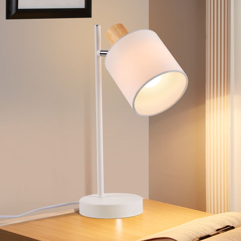 Gbly - Lámpara de mesa Lámpara de noche de madera vintage - 35,5 cm Lámpara de mesa E14 Abanico de tela blanca con cable de interruptor y toma