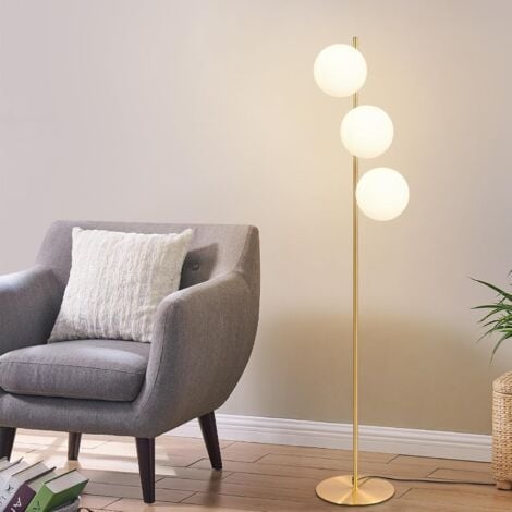 GBLY Lámpara de Pie Moderna para Salón - Lámpara de Pie Industrial Dorada de 3 Flamas con Interruptor de Pie, Diseño de Metal y Cristal Blanco, Ideal Lámpara de Pie Vintage E27