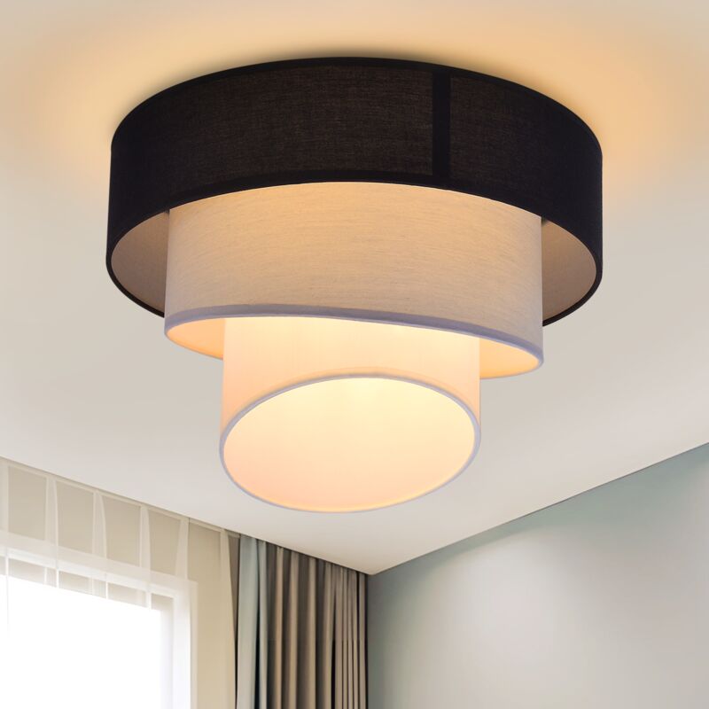 Lámpara de techo - Chimenea de lámpara de tela. Lámpara de techo para salón de Ø40 cm, color blanco cálido, base E27. Lámpara de techo negra moderna