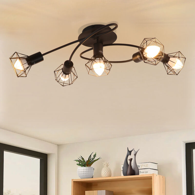 Lámpara de techo led E14 Negra - Spotlight de techo con 5 focos, Spotlight de techo industrial giratorio 350°, Spotlight retró vintage para salón y