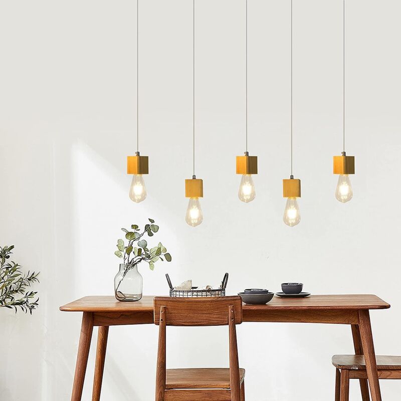 Lampe à suspension en bois à 5 lumières, lampe de table de salle à manger, hauteur 150 cm, lampe à suspension réglable, lanterne en bois avec culot