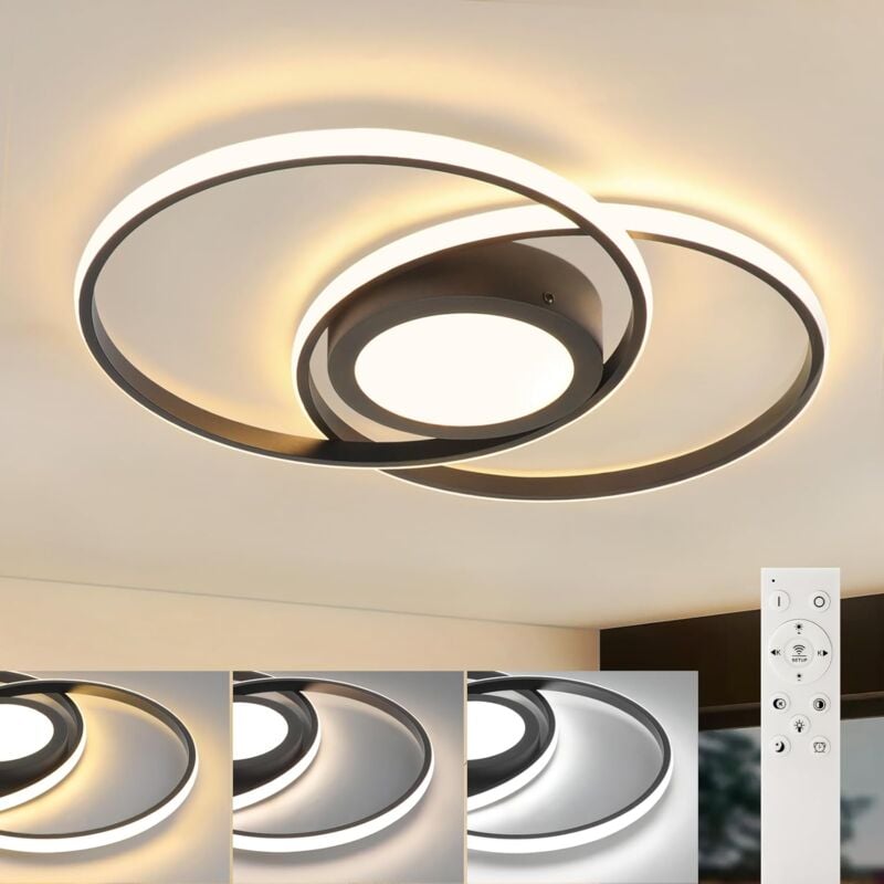 Lampe de plafond led, Plafonnier dimmable 48W Noir Moderne avec Télécommande, Luminaire de Plafond pour Salon, Chambre, Cuisine en Métal - Gbly