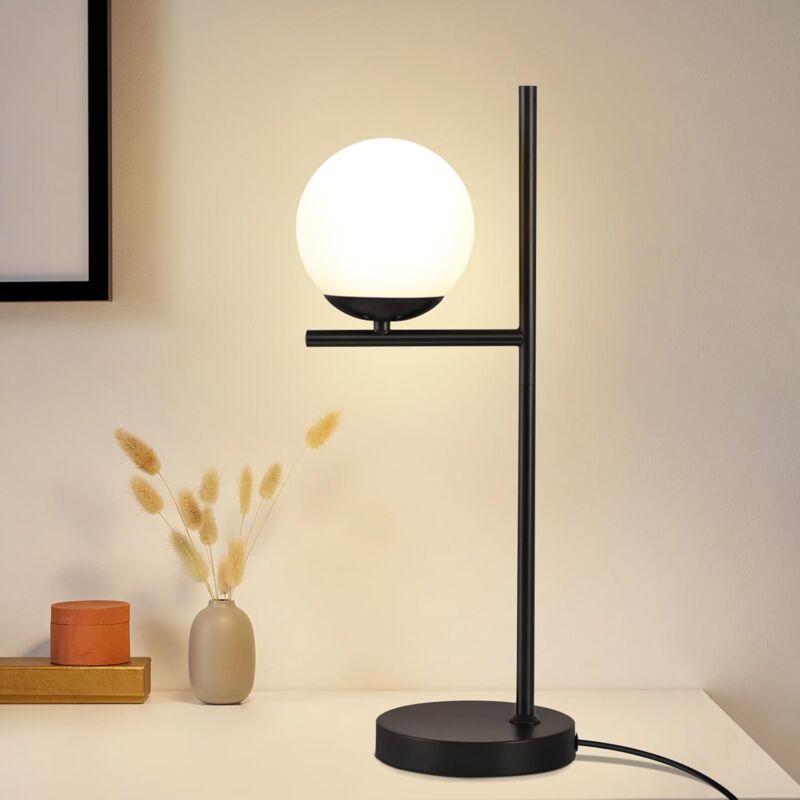 Image of Gbly - Lampe de Table Industrielle pour Salon - Lampe de Chevet Moderne Noire avec Interrupteur, Prise et Câble de 1,5 m en Verre Blanc, Lampe de