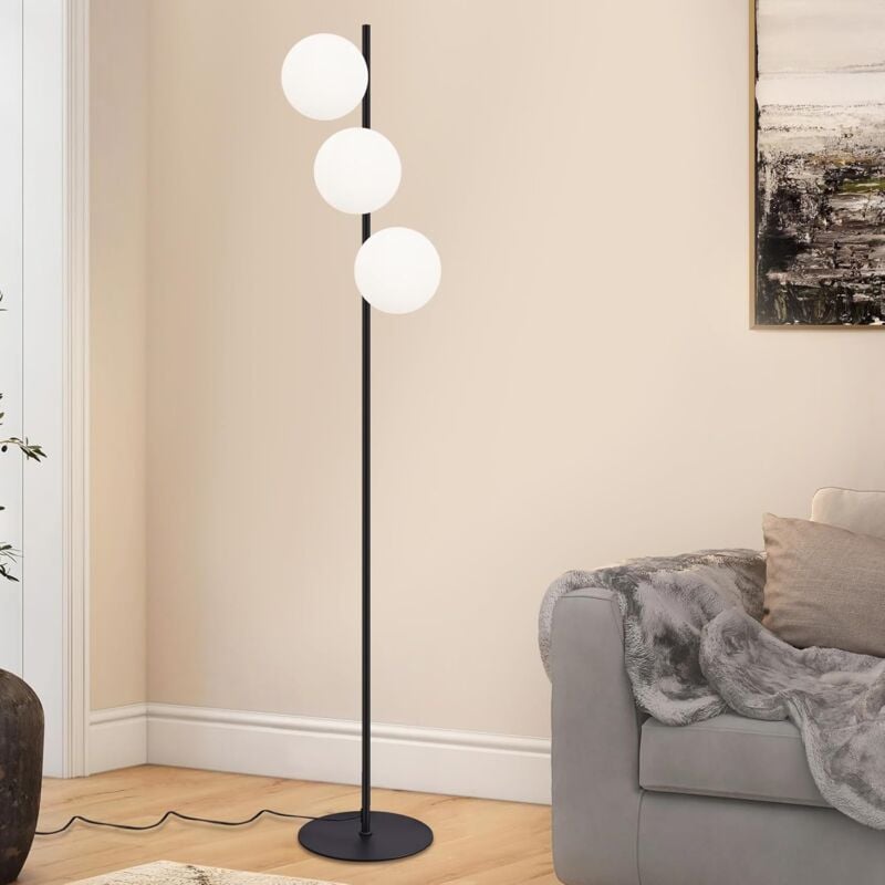 Image of Lampe sur Pied Industrielle pour Salon - Lampe de Sol Moderne Noire à 3 Flames avec Interrupteur au Pied, Design en Métal et Verre Blanc, Lampe de