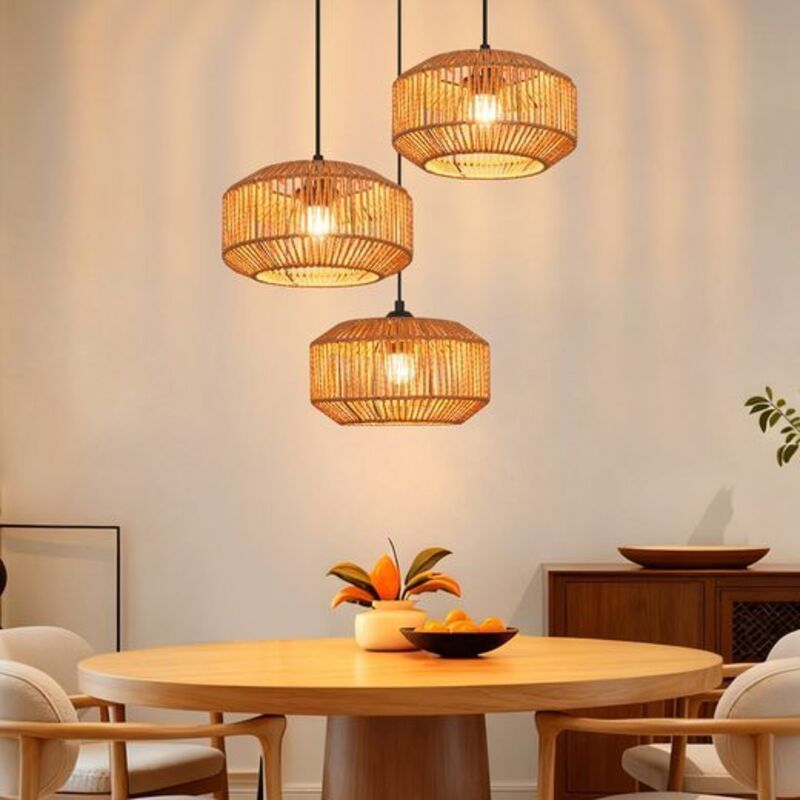 GBLY Lampe Suspendue Boho Rotin E27 Réglable en Hauteur Lampe de Salle à Manger Rétro Pour Cuisine Entrée Sans Ampoule