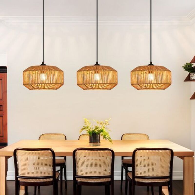 GBLY Lampe Suspendue Boho Rotin E27 Réglable en Hauteur Lampe de Salle à Manger Rétro Pour Salon Chambre Sans Ampoule