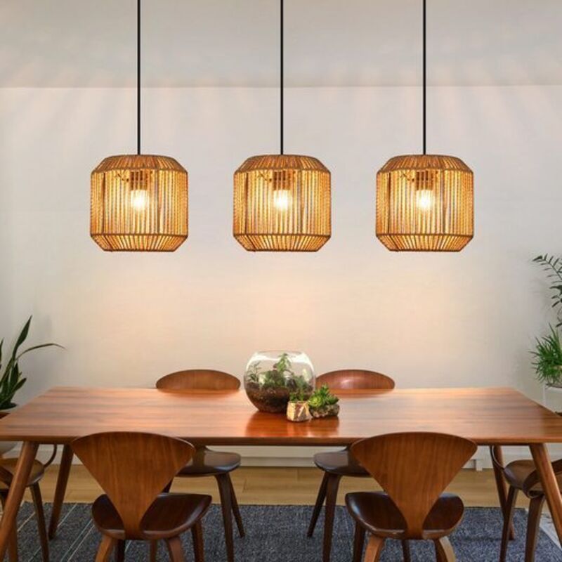 GBLY Lampe Suspendue Boho Rotin E27 Réglable en Hauteur Lampe de Salle à Manger Rétro Pour Salon Cuisine Sans Ampoule