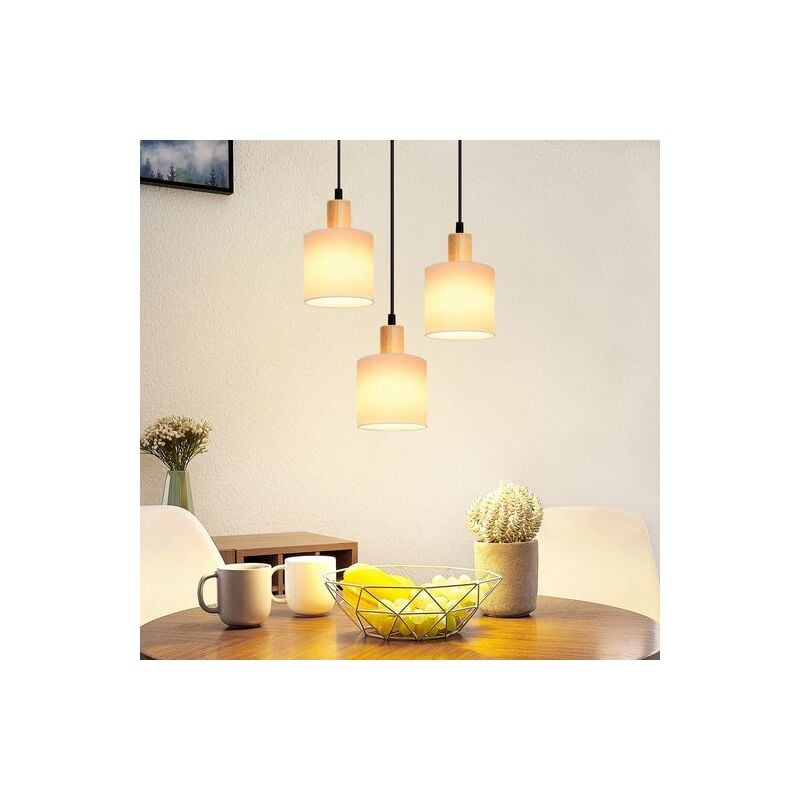 Suspension en bois Lampe de table à manger Vintage - Lampe à suspension de table à manger E14 Suspension blanche Lampe à 3 flammes ronde Lampe de