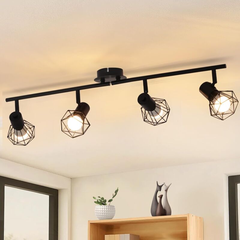 Plafonnier noir salon salle à manger éclairage rétro cage spot réglable 4x douilles E14 rotatif 350° Lampe pivotable 90° intérieure - Gbly