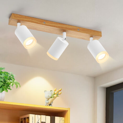 GBLY LED Deckenleuchte Deckenstrahler 3 Flammig - Deckenlampe GU10 Holz Weiß 350° Schwenkbar Küchenlampe Vintage Deckenspots Industrial für Flur Küche Wohnzimmer Schlafzimmer (Ohne Leuchtmittel)