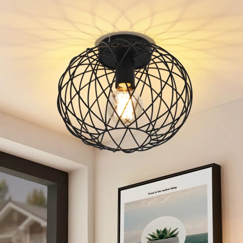 Lustre de plafond noir en métal - Lampe de couloir ronde rétro avec abat-jour vintage industriel couloir, corridor, salon, chambre à coucher et