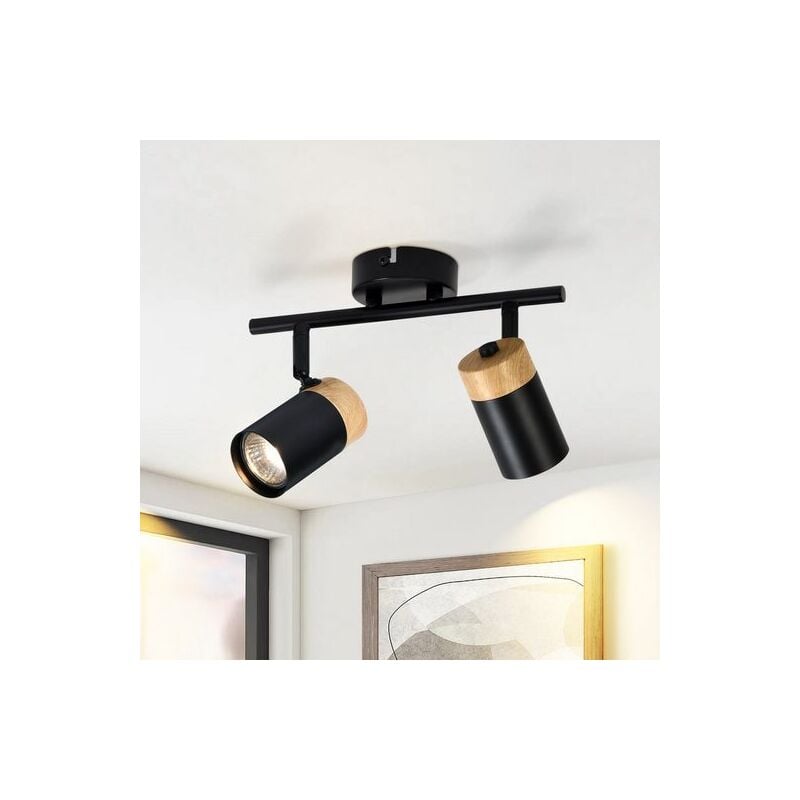 Gbly - Plafonnier 2 flammes en bois - GU10 led Plafonnier Noir Pivotant 330° Spotlight pour hall garage salon chambre cuisine Sans ampoules