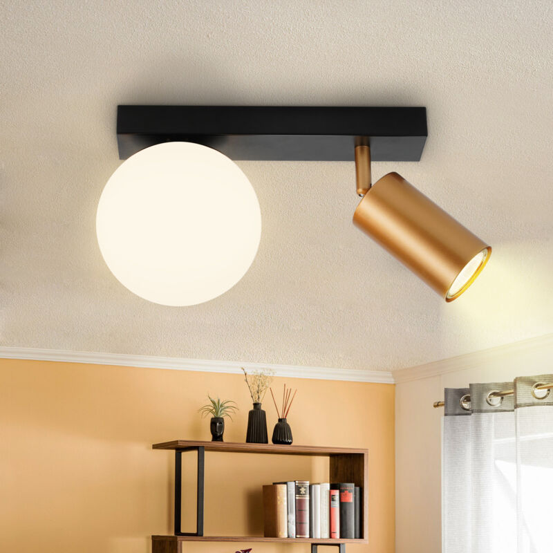 Gbly - Plafonnier 2 Flammes Vintage Plafonnier Spot: Plafonnier Noir Métal avec Spots Plafond GU10 Dorés Lampe Couloir Pivotante Boule Verre E14