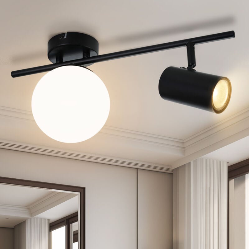 Plafonnier 2 flammig Noir : Lampe de plafond moderne avec GU10 pivotant Spots encastrés 40CM Métal Lampe de couloir à globe en verre E14 Éclairage de
