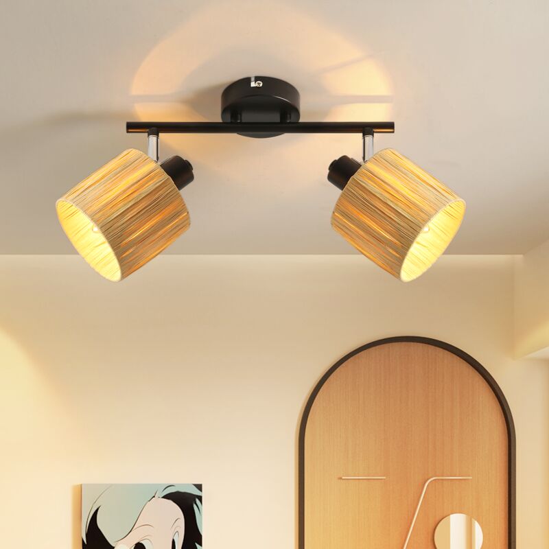 Gbly - Plafonnier 2flammig Plafonnier couloir - Spots de plafond vintage intérieur E14 Noir naturel Lampe de plafond en papier 350° pivotant Spots