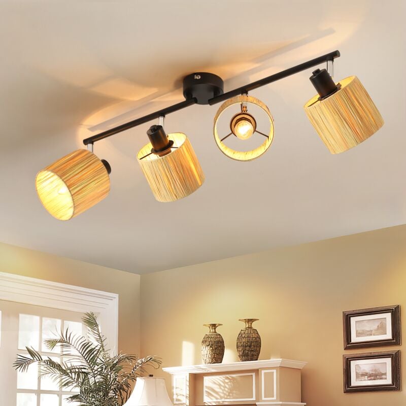 Plafonnier 4 flammes Lampe de plafond salon - Spots de plafond vintage intérieur noir naturel Lampe de plafond E14 Papier 350° pivotant Spots pour