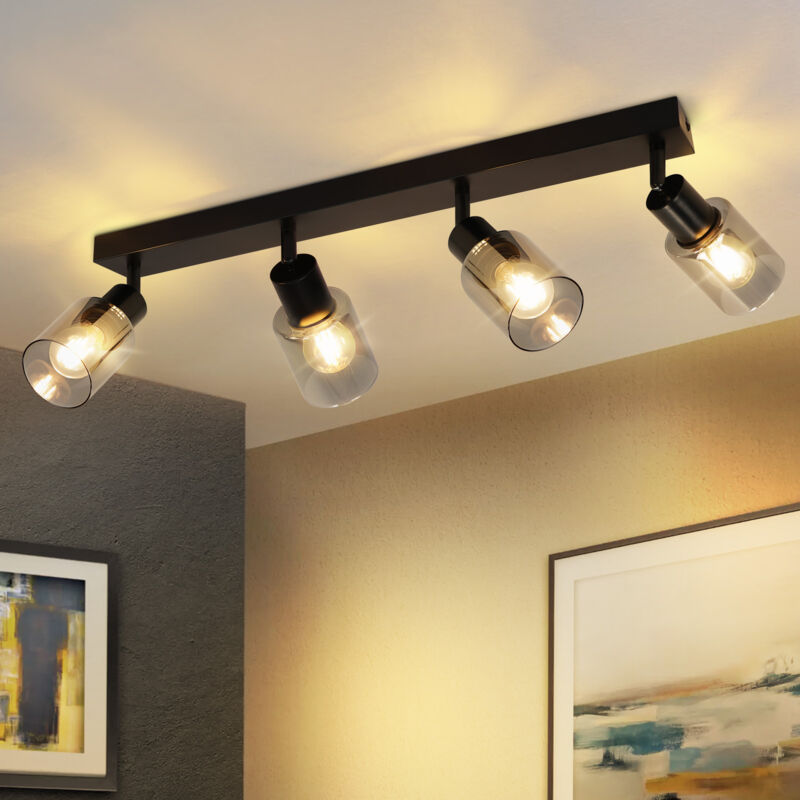 Plafonnier 4 flammes Vintage : Lampe de plafond E14 Noire Industrielle Spots Lampe de plafond Salon Plafonds spots en verre et métal 350 ° rotatif