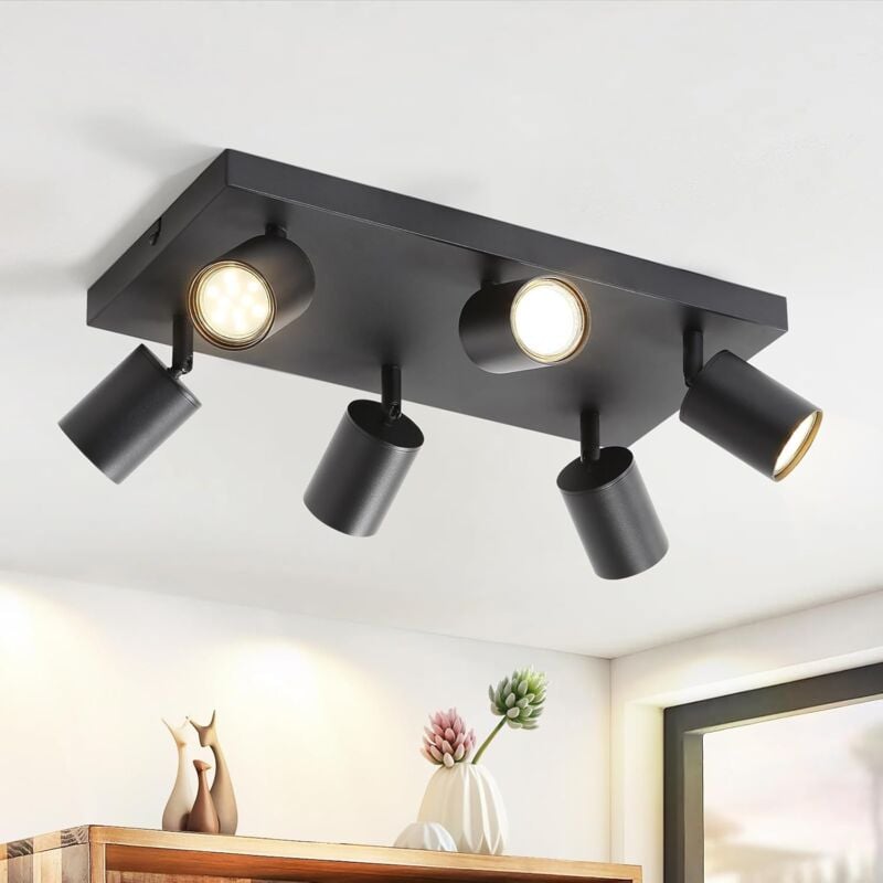 Plafonnier 6 spots orientables, noir, spots plafond GU10 ,lampes pivotantes à 330°, éclairage intérieur, pour salon, chambre à coucher, cuisine, sans