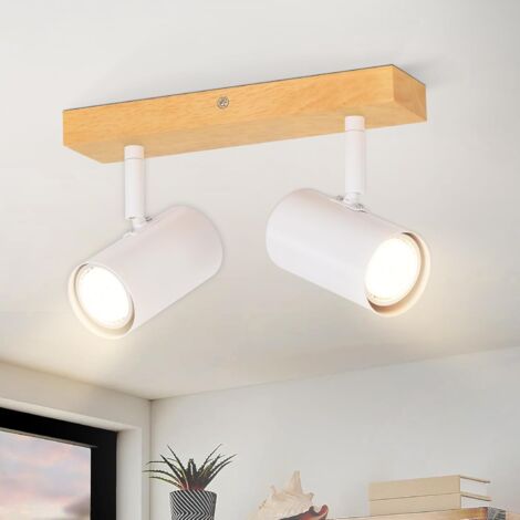 GBLY Plafonnier blanc à 2 spots en bois et métal rétro moderne avec douilles GU10, orientables à 350° pour éclairer différentes zones du salon, de la chambre, du bureau - Ampoules non incluses