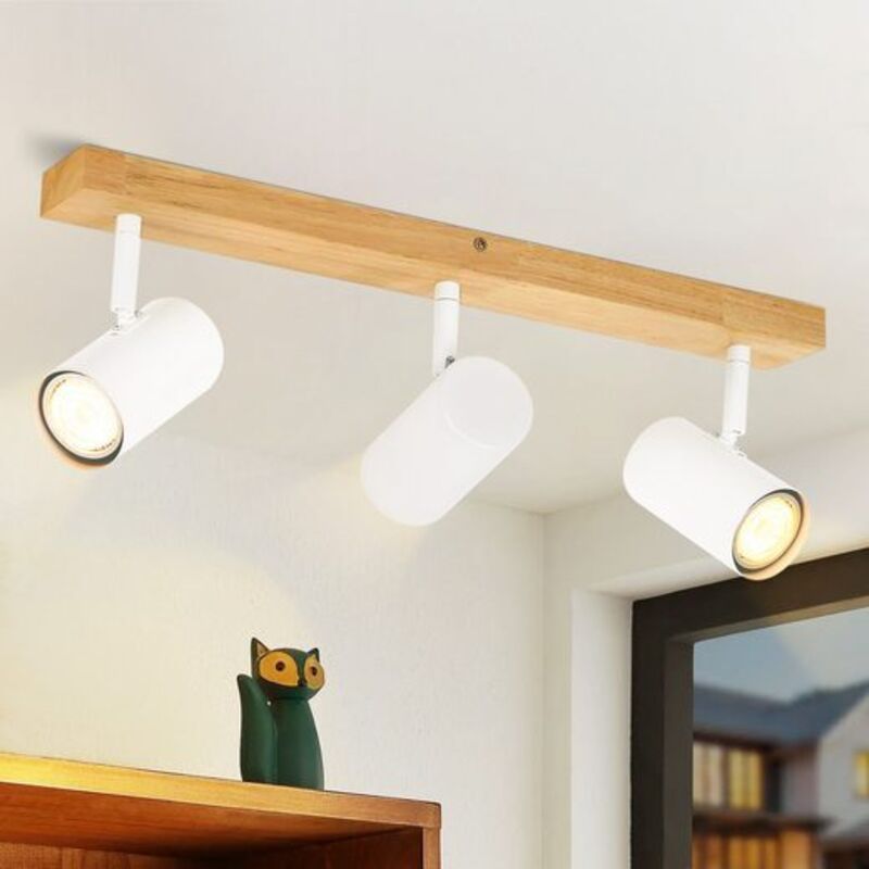 Gbly - Plafonnier blanc à 3 spots en bois et métal rétro moderne avec douilles GU10, orientables à 350° pour éclairer différentes zones du salon, de