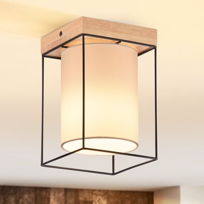 Gbly - Plafonnier de Couloir Bois - 1 Ampoule E14 Lampe de Couloir Vintage avec Abat-Jour en Tissu Lampe de Cuisine Lampe de Chambre Rétro