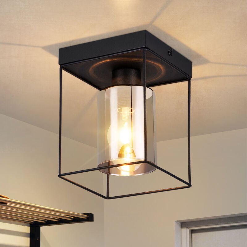 Gbly - Plafonnier de Couloir en Verre - 1 Ampoule E27 Lampe de Couloir Vintage avec Plafond en Métal Noir Lampe de Chambre Rétro de Style Industriel