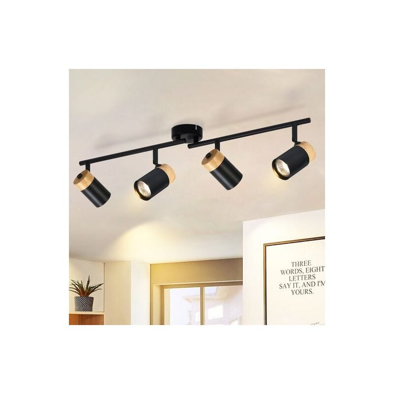 Plafonnier en bois noir - Plafonnier 4 flammes GU10 led orientable 330° Spot pour salon chambre cuisine chambre enfants Sans ampoule - Gbly