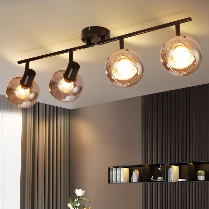Plafonnier Industriel Spot de Plafond Salon - 4 spots E14 Douille Éclairage de Plafond Verre Gris Fumée Plafonnier Rétro Noir Spot de Plafond pour