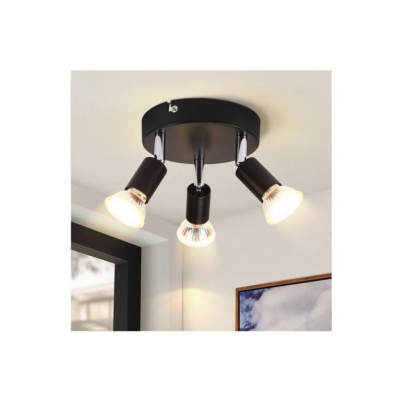 Gbly - plafonnier led, 3 spots pivotants, Spot de plafond Orientable 350° Rond, GU10, éclairage plafond chambre, salon salle à manger cuisine, noir