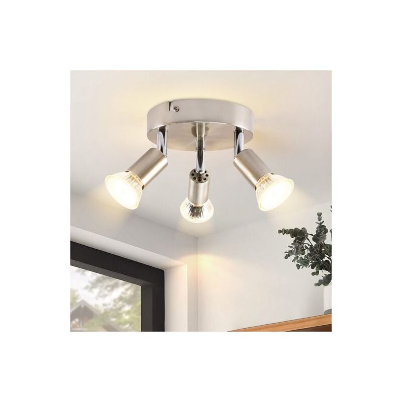 Gbly - plafonnier led, 3 spots pivotants, Spot de plafond Orientable 350° Rond, GU10, éclairage plafond chambre, salon salle à manger cuisine, Silber