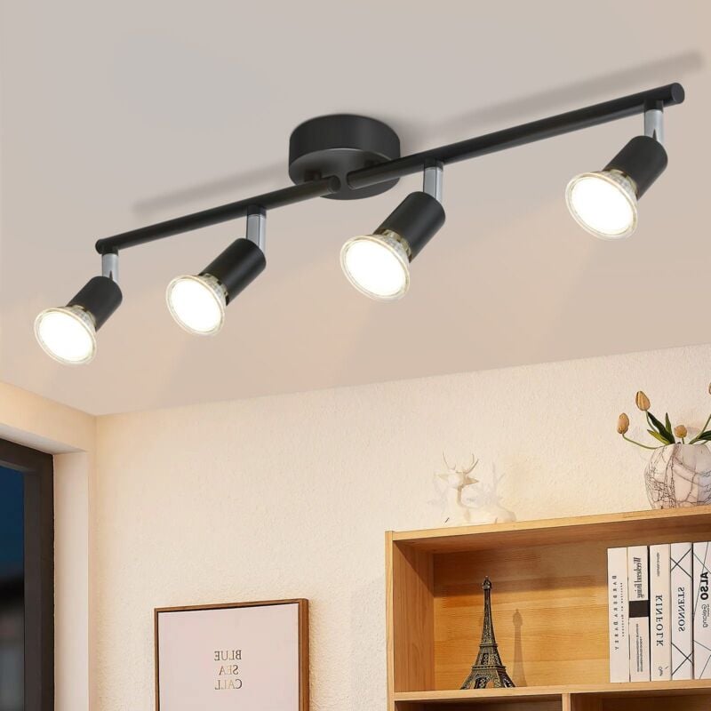 Plafonnier led 4 spots pivotants & orientables , GU10 , Spot plafond , Noir , Moderne , éclairage intérieur plafond led cuisine chambre salon , IP20
