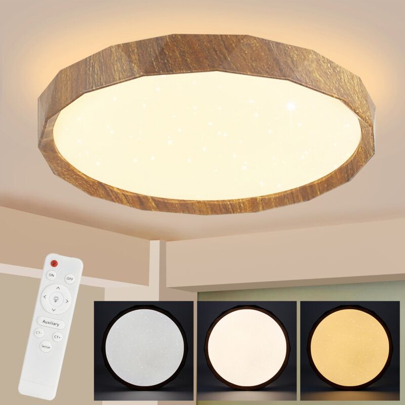 Plafonnier led - 43W Éclairage de Plafond de Chambre Ø40cm Lampe de Salon Boho Rond Ciel Étoilé Dimmable avec Télécommande Aspect Bois Moderne pour
