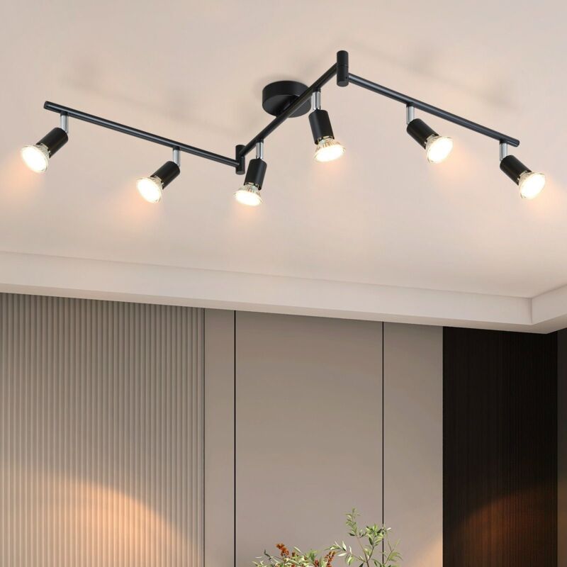 Plafonnier led 6 spots pivotants & orientables , GU10 , Spot plafond , Noir , Moderne , éclairage intérieur plafond led cuisine chambre salon , IP20