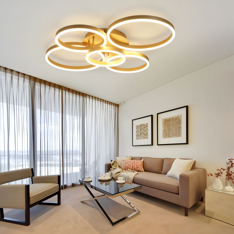 Gbly - Plafonnier led Salon : Lampe de salon Dimmable 78W avec télécommande 5 anneaux or Lampe de chambre à coucher Eclairage acrylique moderne pour
