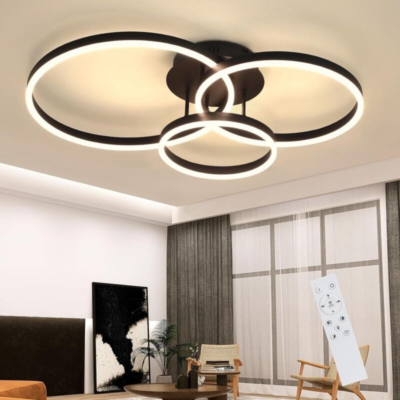 Plafonnier led Salon - Noir Dimmable 82CM Lampe de salon avec télécommande 74W avec 3 anneaux Design en acrylique pour chambre bureau cuisine bureau