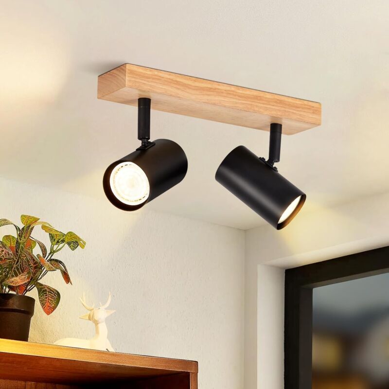 Gbly - Plafonnier noir à 2 spots en bois et métal rétro moderne avec douilles GU10, orientables à 350° pour éclairer différentes zones du salon, de