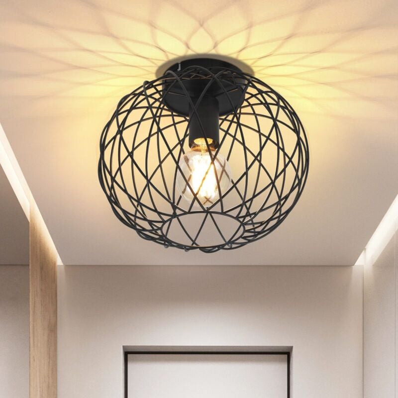 Gbly - Plafonnier Noir Vintage - Lampe de Couloir E27 1 Ampoule Industrielle Ronde Rétro Abat-Jour en Métal Cage Grille Lampe de Salle à Manger Salon