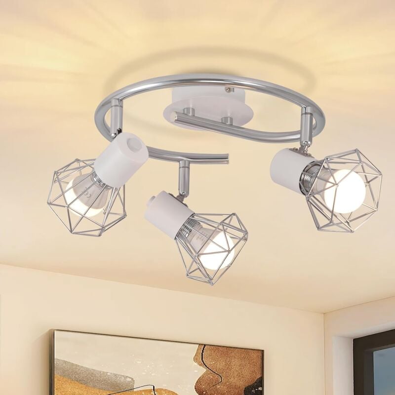 GBLY Plafonnier Rond à 3 Lampes - Luminaire de Plafond Industriel Rétro E14 Blanc en Métal Orientable pour Salon Chambre Bureau Couloir Cuisine