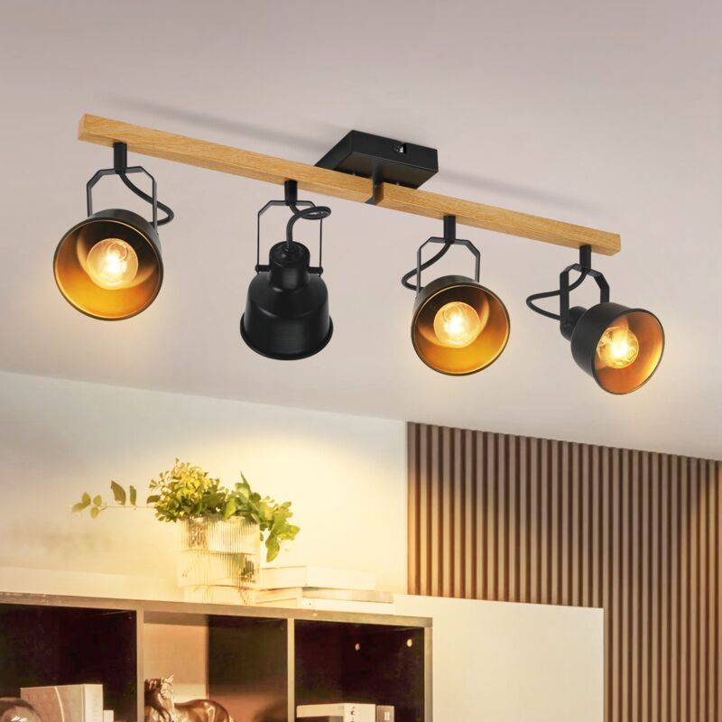 Plafonnier Spot 4 Flammes Noir : Plafonnier Vintage Pivotant 350° MAX.25W Douille E14 Spot Bois Industriel Barre pour Salon Chambre Bureau (sans